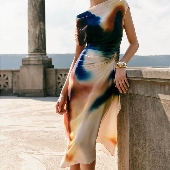 A.L.C. Penny Satin Midi Dress. In Blue and Cream - Picture 2 of 6